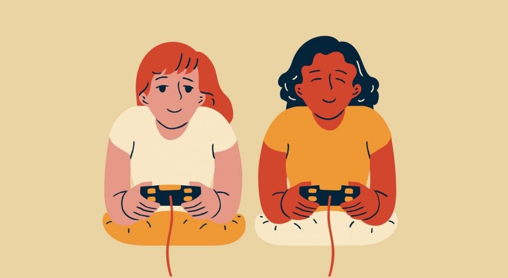 Video game graphic design two women playing video games