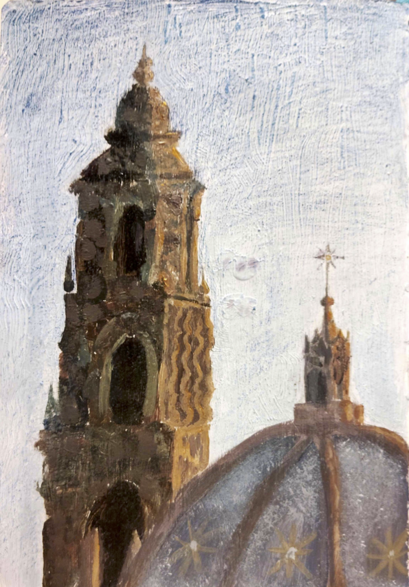 The Balboa Tower in tempera paint by Kate Williams.