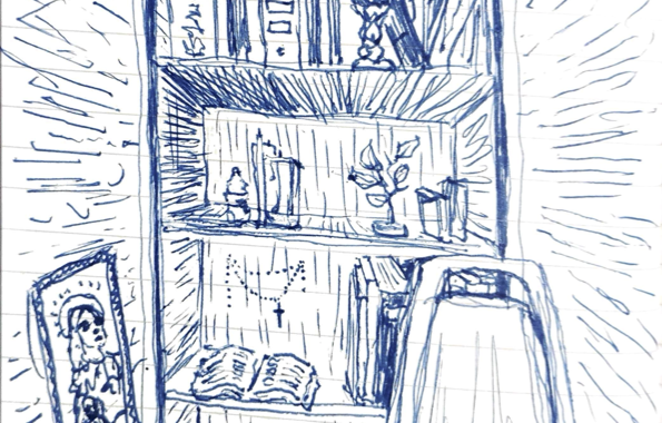 View of the bookcase in the prayer room in Casa del Migrante. Drawn by Kate Williams, Feb. 2, 2025.