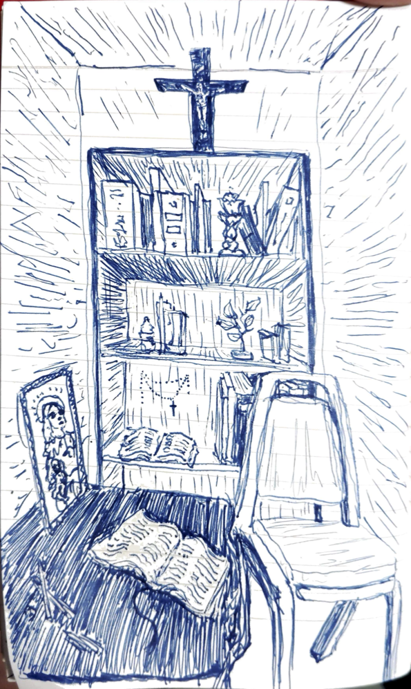 View of the bookcase in the prayer room in Casa del Migrante. Drawn by Kate Williams, Feb. 2, 2025.
